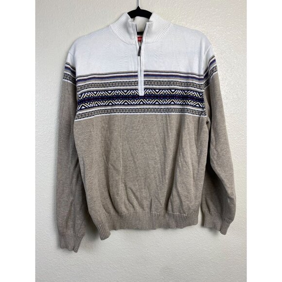 Izod Fair Isle Nordic Sweater Mens size L Quarter Zip Winter Knit White Brown - Picture 1 of 10